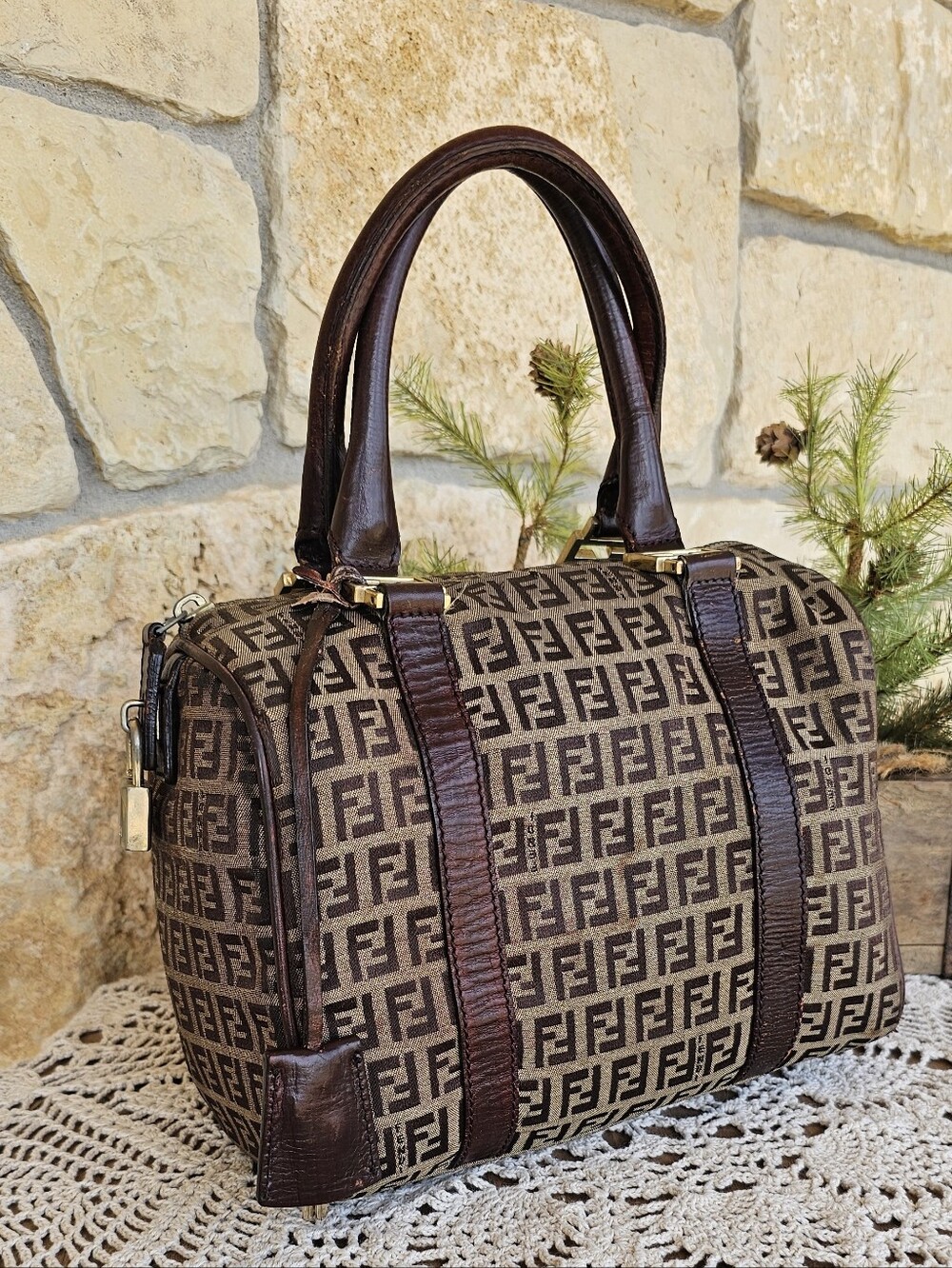 Fendi Zucchino Bauletto Boston Bag With Lock And Keys